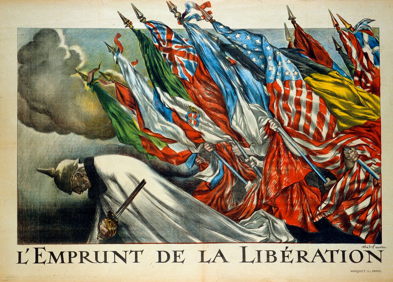 Første Verdenskrig: “Befrielsens lån”, Vilhelm II (1859 - 1941) bukkede under allierede flag. Illustration af Abel Faivre (1867-1945) af Jules Abel Faivre