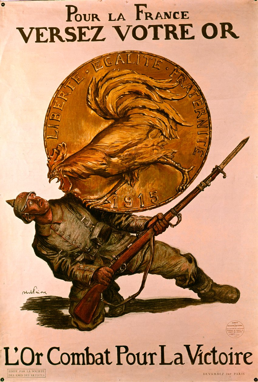 Fransk plakat fra Første Verdenskrig, der opfordrede folk til at indbetale penge i banker til krigsindsatsen, 1915 af Jules Abel Faivre