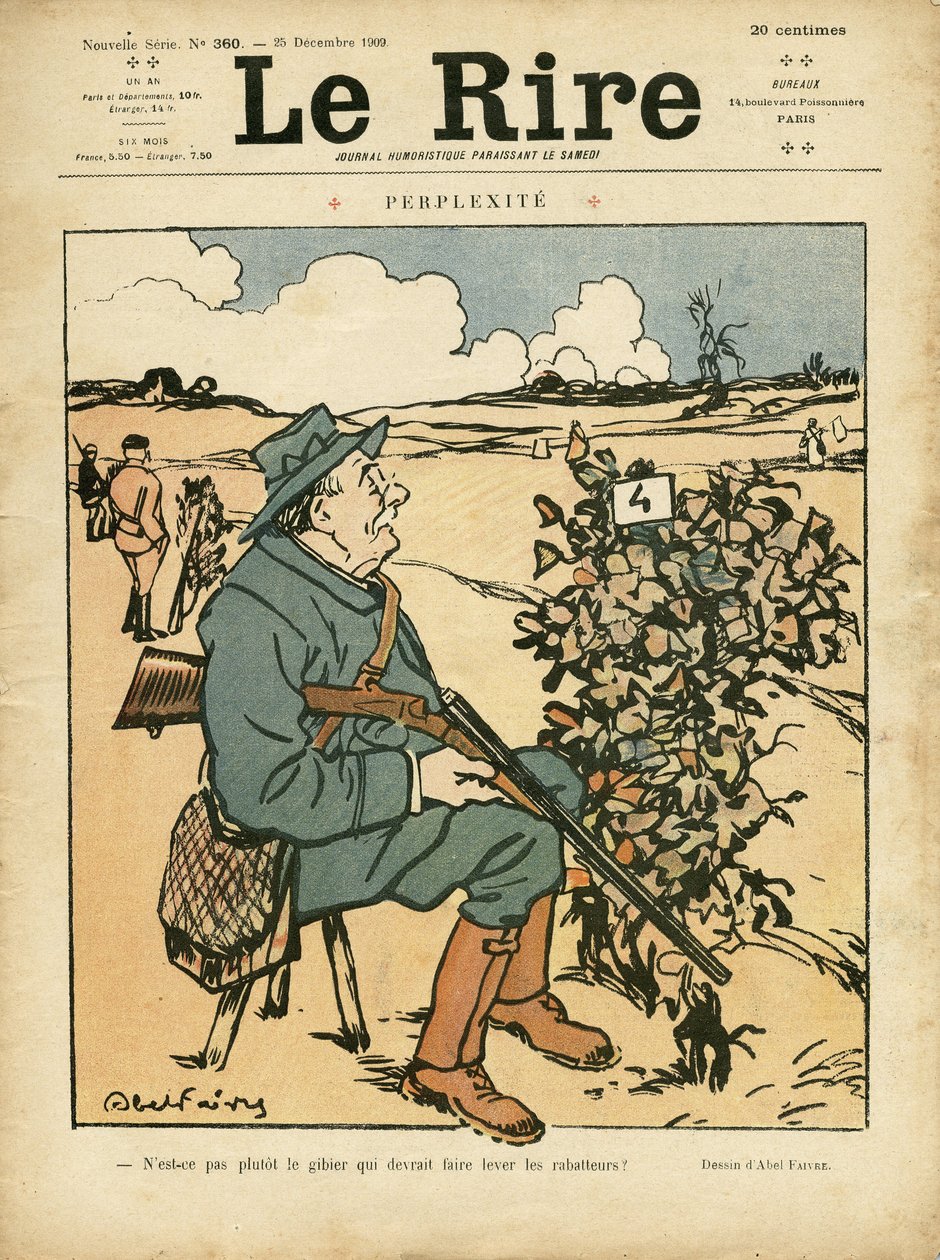 Illustration af Abel Faivre (1867-1945) til forsiden af Le Lire, 25/12/09 - Perplexite - Landskab, Fritid, Jagtjæger af Jules Abel Faivre