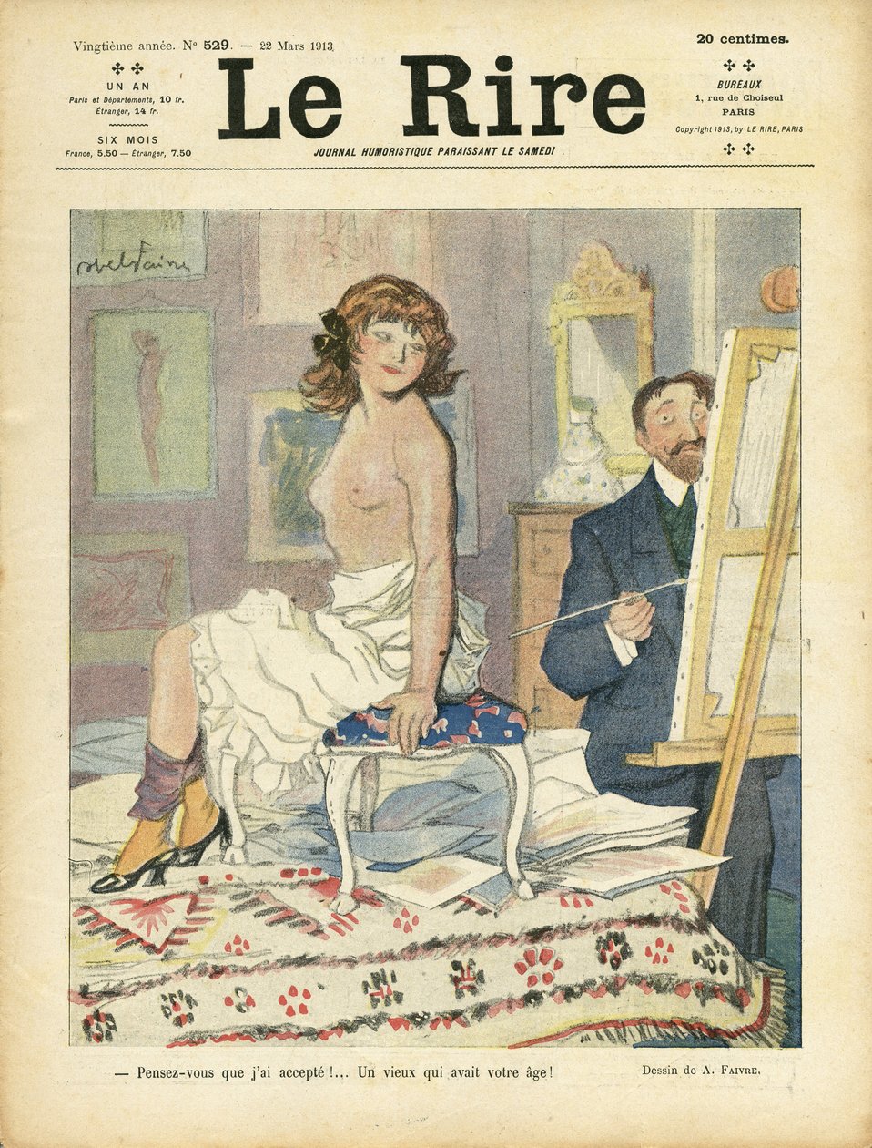Illustration af Abel Faivre (1867-1945) til forsiden af Le Rire, 22/03/13 - Kunst, Nøgen - Malerkunstnere, Model (som poserer) af Jules Abel Faivre