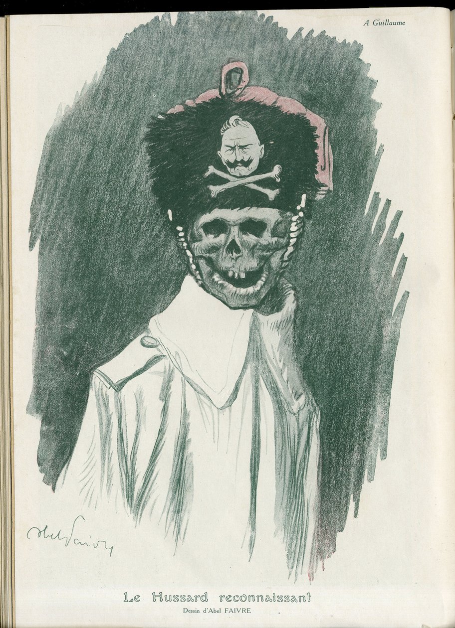 Illustration af Abel Faivre (1867-1945) i "" Fantasio"", 01/05/15 - Den taknemmelige Hussard - War of 14 -18, Tyskland Preussisk - William II, Reaper/Kammerat - Døden, FacesRiantes af Jules Abel Faivre