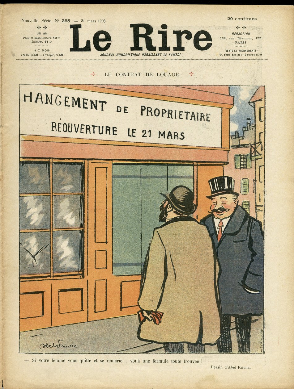 Illustration af Abel Faivre (1867-1945) til forsiden af Le Rire, 21/03/08 - Lejekontrakten - Arkitektur Byplanlægning, Bryllup, Utroskab, Butikker af Jules Abel Faivre