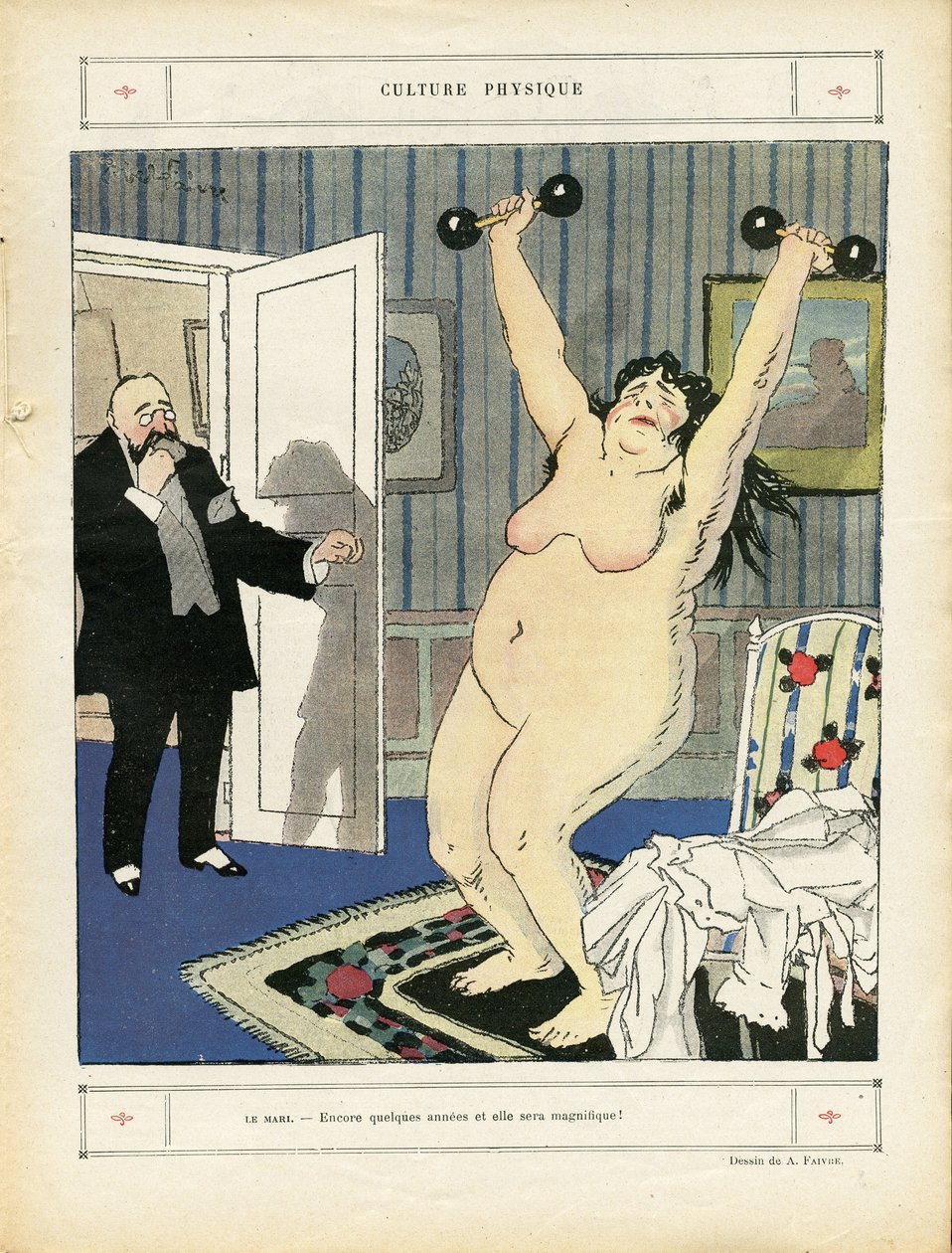 Illustration af Abel Faivre (1867-1945) i Le Rire, 03/05/13 - Fysisk kultur - Sport, Obeite, Nøgen - Kvinder af Jules Abel Faivre