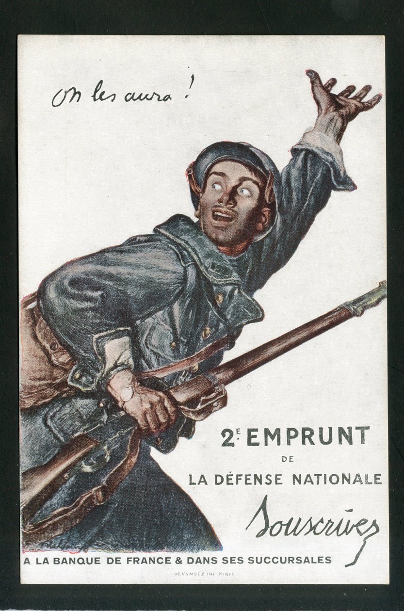 Postkort, satirisk i farver: War of 14 -18, Lån, Patriotiske Rejser - Soldater Illustration af Abel Faivre (1867-1945) af Jules Abel Faivre