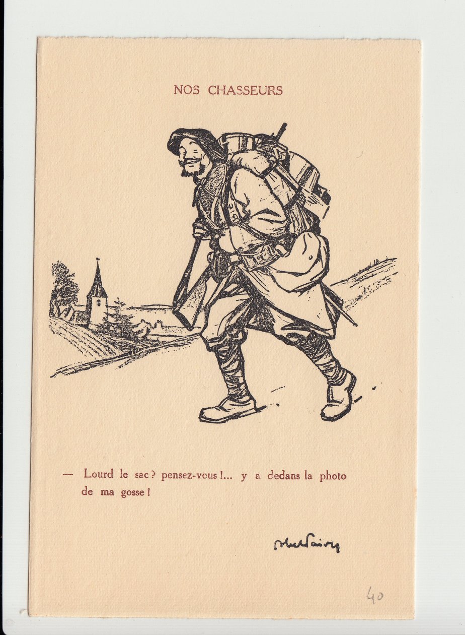 Postkort, satirisk i N & B, ca. 1915: Our Hunters - War of 14 -18, Fotografi, Faderskab, Jam of Skull - Soldater, Alpine Hunters Illustration af Abel Faivre (1867-1945) af Jules Abel Faivre