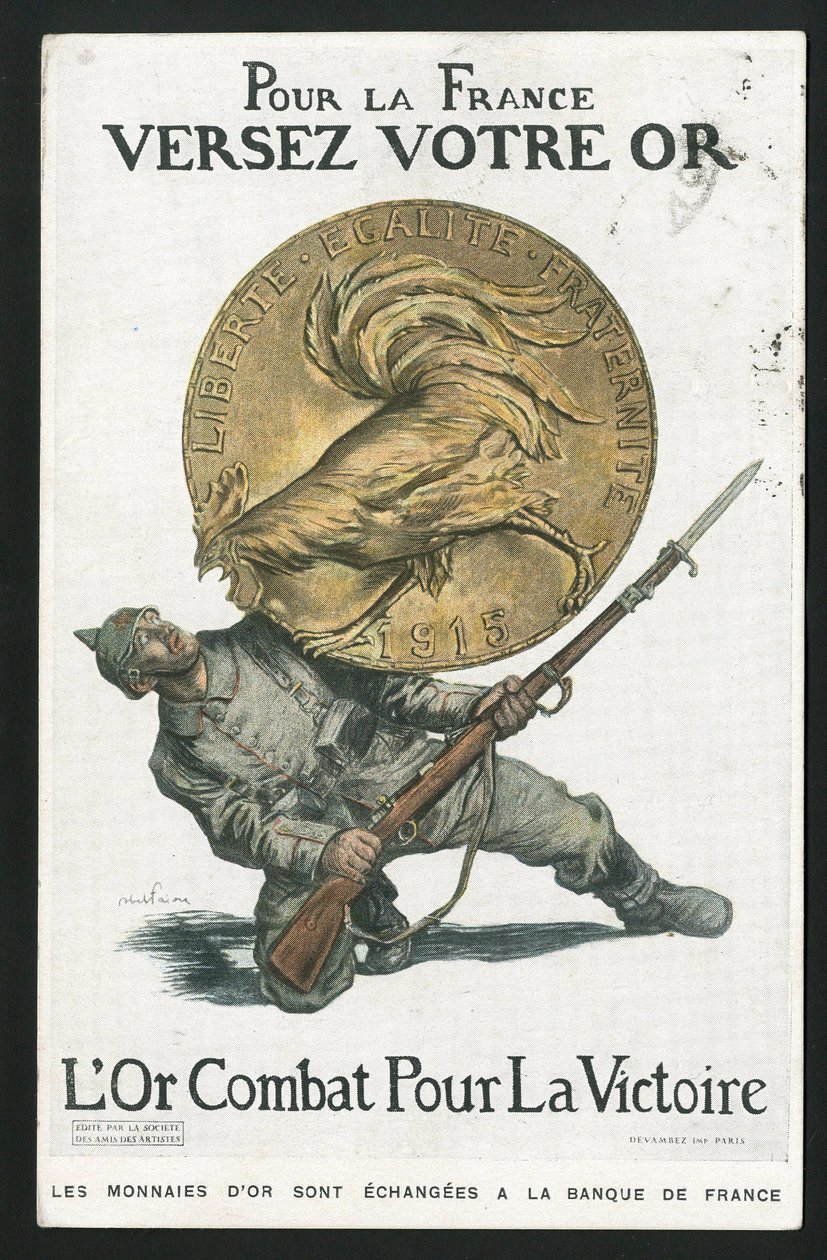 Postkort, Satirique en Colours, ca. 1915: Til Frankrig, hæld dit guld - 14-18-krigen, Tyskland Preussen, Sølv, krigerister og symboler, Sejr, Lån, Rejser patriotiske - Hane - Illustration af Abel Faivre (1867-1945) af Jules Abel Faivre