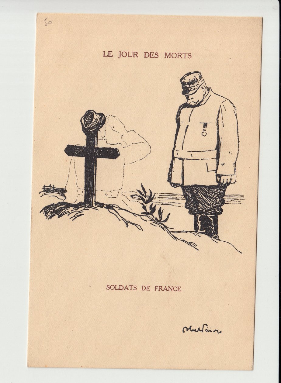 Postkort, Satirique en N & B, ca. 1915: De dødes dag - 14. -18. krigen, Mourning Obseques Funerailles - Joffre, Soldater Illustration af Abel Faivre (1867-1945) af Jules Abel Faivre