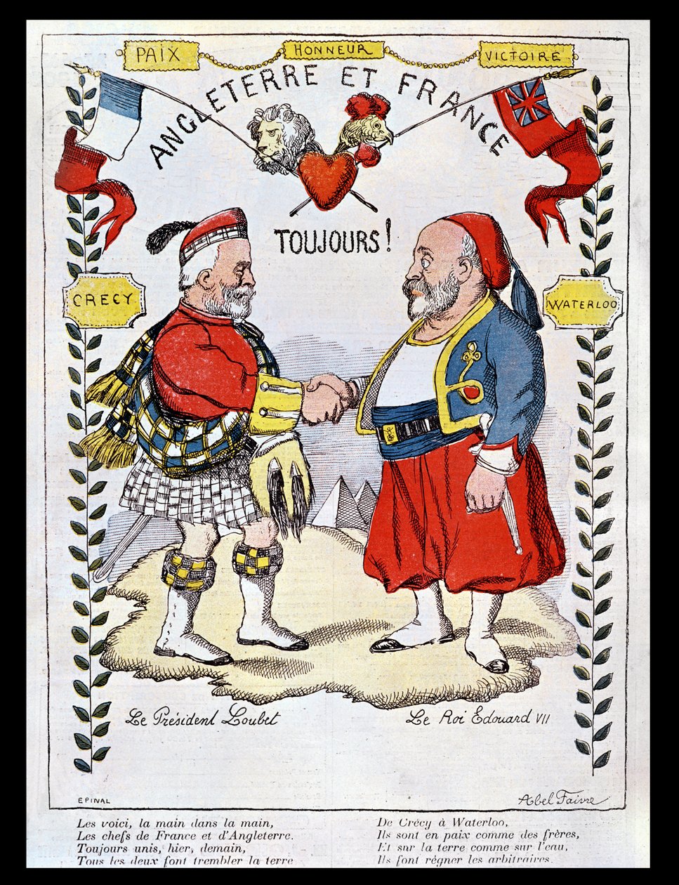 Entente Cordiale mellem Frankrig og Storbritannien: karikaturer af præsident Loubet (1838-1929) og kong Edward VII (1841-1910), illustration fra 