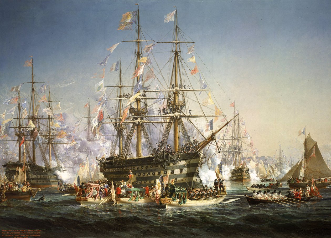 Napoleon III byder dronning Victoria velkommen i Cherbourg, Frankrig, 5. august 1858. af Jules Achille Noel