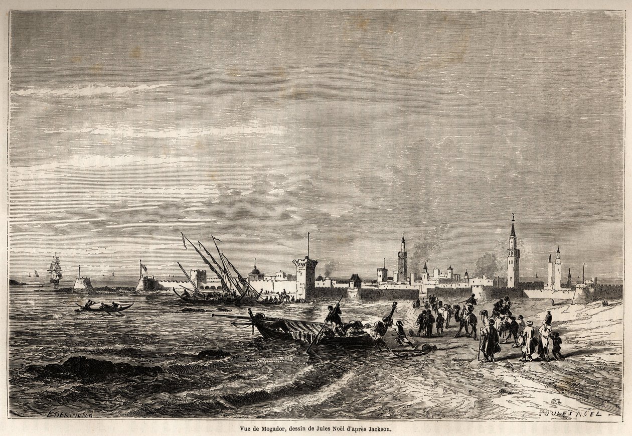 Udsigt til Essaouira (Trainly Mogador), tegning af Jules Noel (1810-1881), for at illustrere Mr.F. Schicklers rejse til Marokko i 1860. Enggraving in “” le Tour du Monde, New Journal des Voyages ”” Paris af Jules Achille Noel
