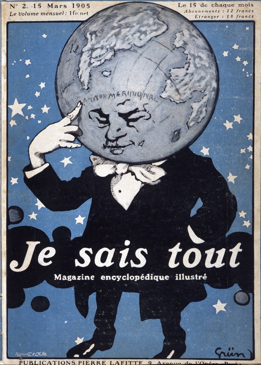 Earth Globe thinking - Thinking Earth Globe - i "Je Sais Tout"" fra 15/03/1905 - illustration af Jules Grun 1868-1938 af Jules Alexandre Gruen or Grun