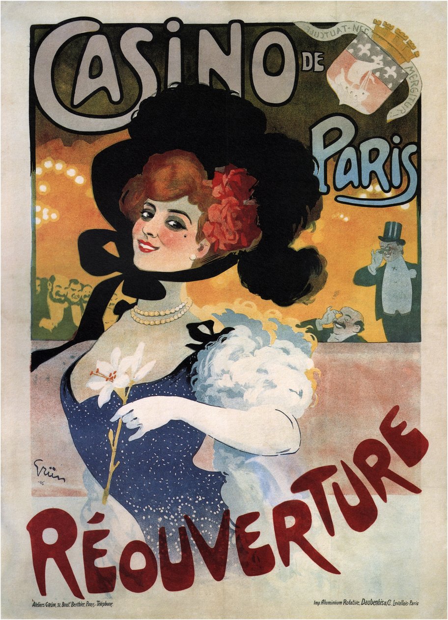 Plakat, der reklamerer for genåbningen af Casino de Paris af Jules Alexandre Gruen or Grun