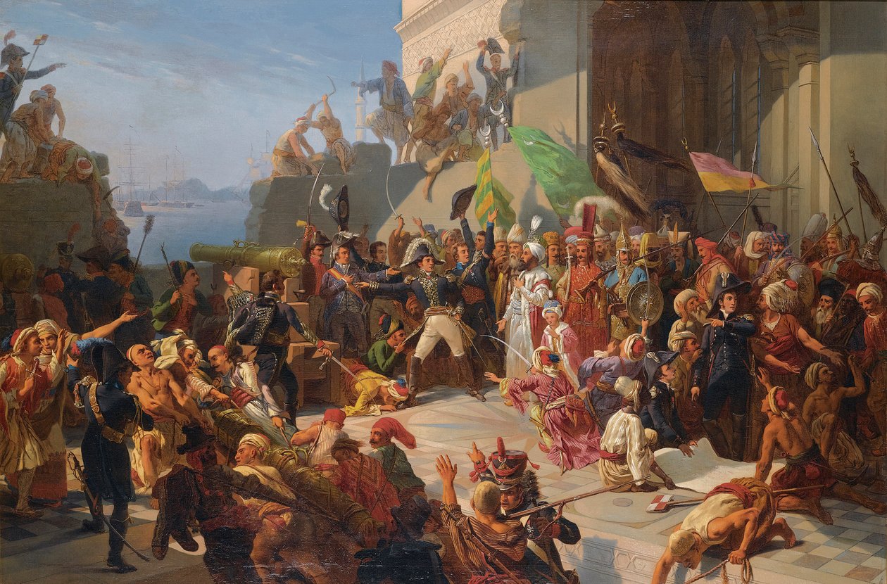 Guerre anglo-turque - guerres napoleoniennes - Sultan Selim III (1761-1808) på besøg hos general Horace Sebastiani (1772-1851) under forsvaret af Konstantinopel mod den britiske flåde, februar 1807 par Rigo, Jules Vincent (1810-1892). Olie på lærred, str af Jules Alfred Vincent (after) Rigo