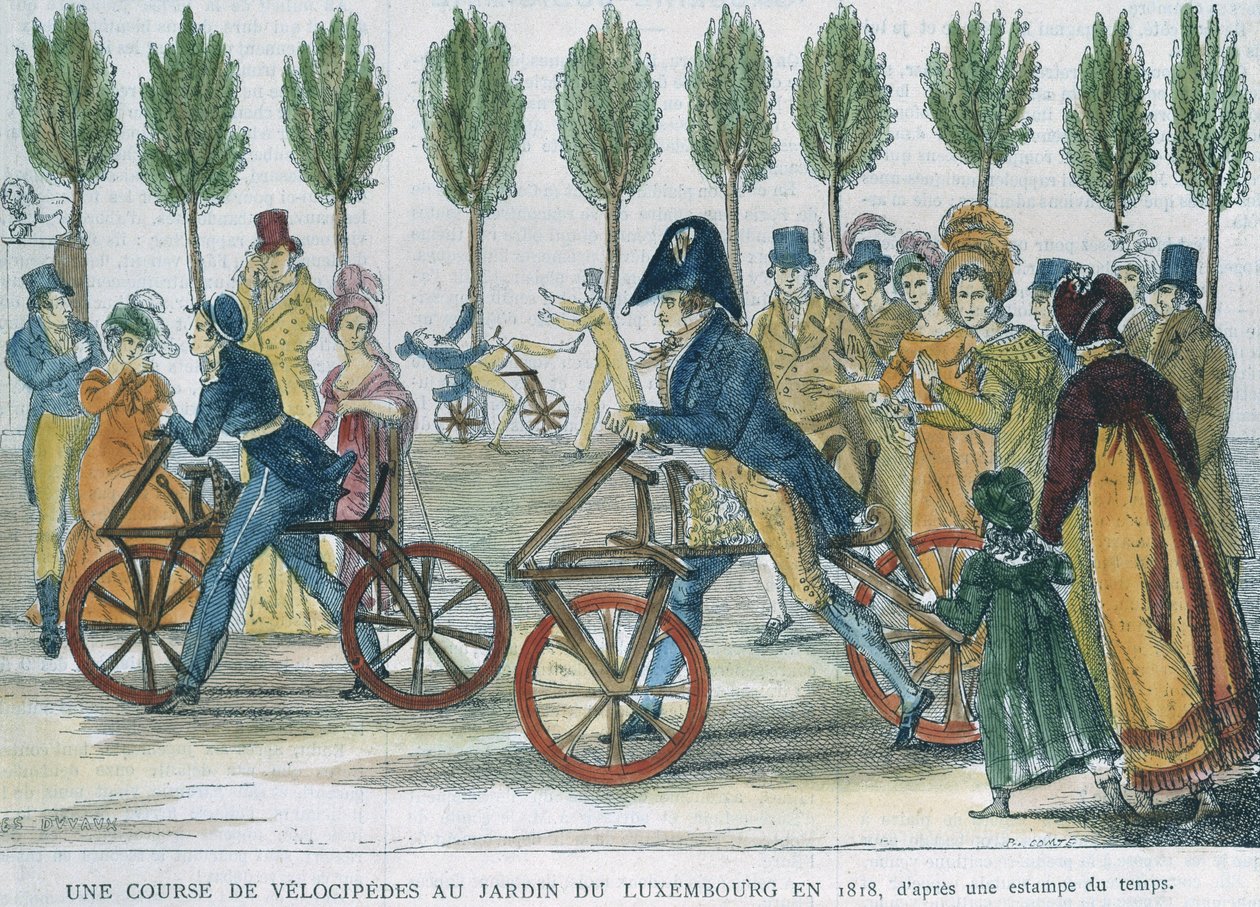 Et velocipedløb ved Jardin du Luxembourg i 1818 efter en gravering fra tiden, indgraveret af P. Comte (1800-tallet) (farvegravering) af Jules Antoine Duvaux