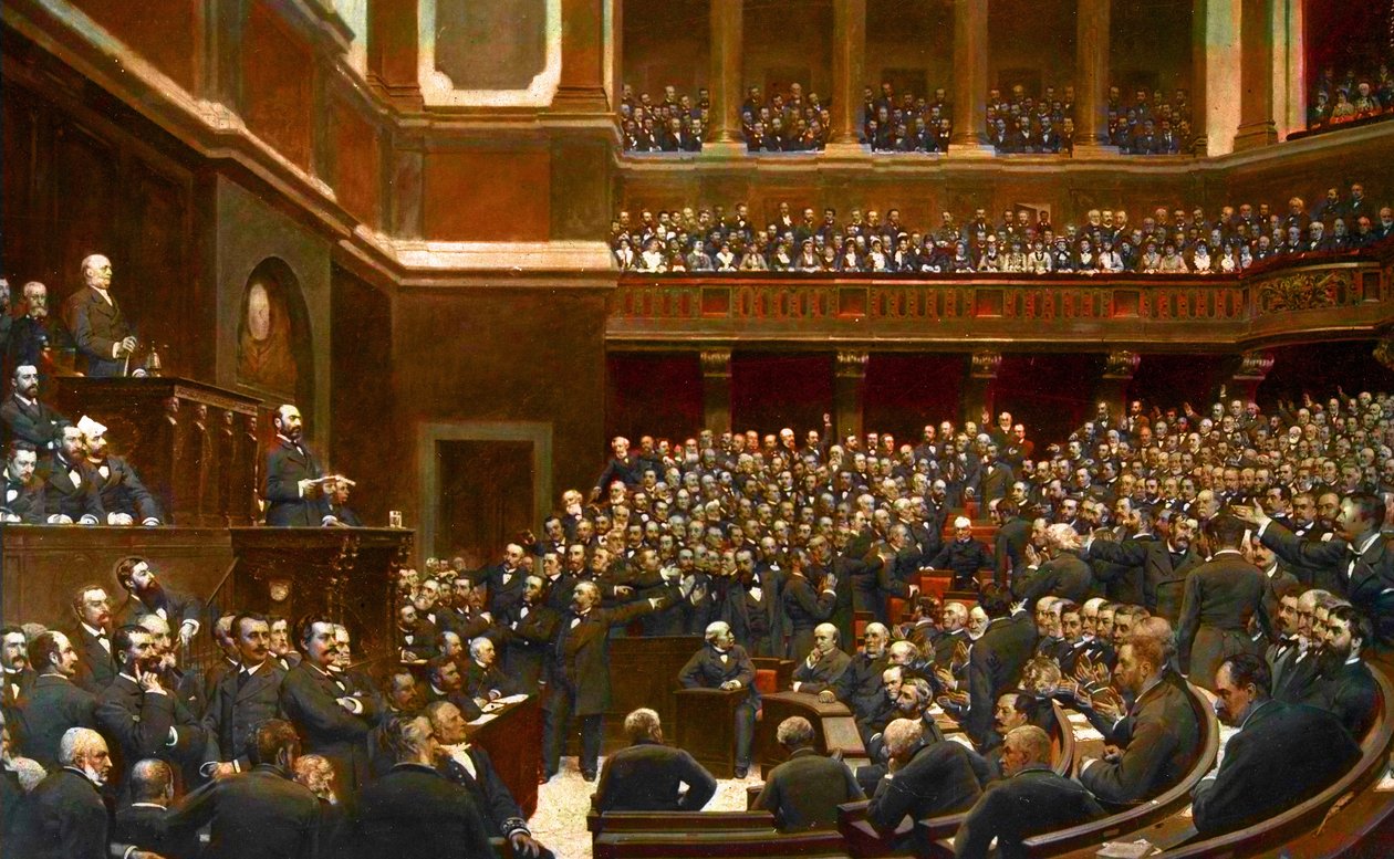 Adolphe Thiers (1797-1877) fransk politiker, udråbt til "territoriets befrier" ved et møde i Deputeretkammeret i Versailles af Jules Arsene (after) Garnier