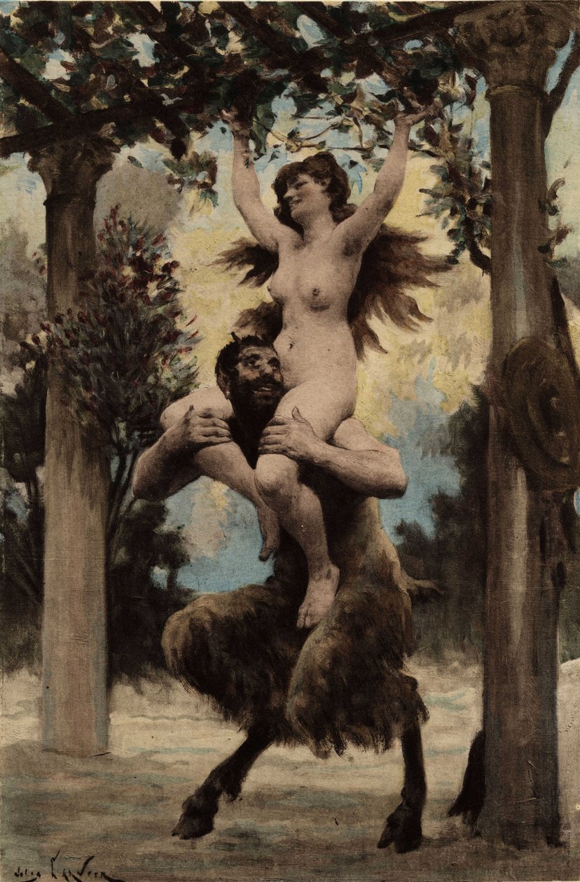 Et væsen, der er halvt menneske, halvt dyr, bærer en nøgen kvinde på sin skulder i vinmarken, der fører til Flaskens Tempel. Pantagruel. Illustration af Jules Garnier. I "Rabelais et l