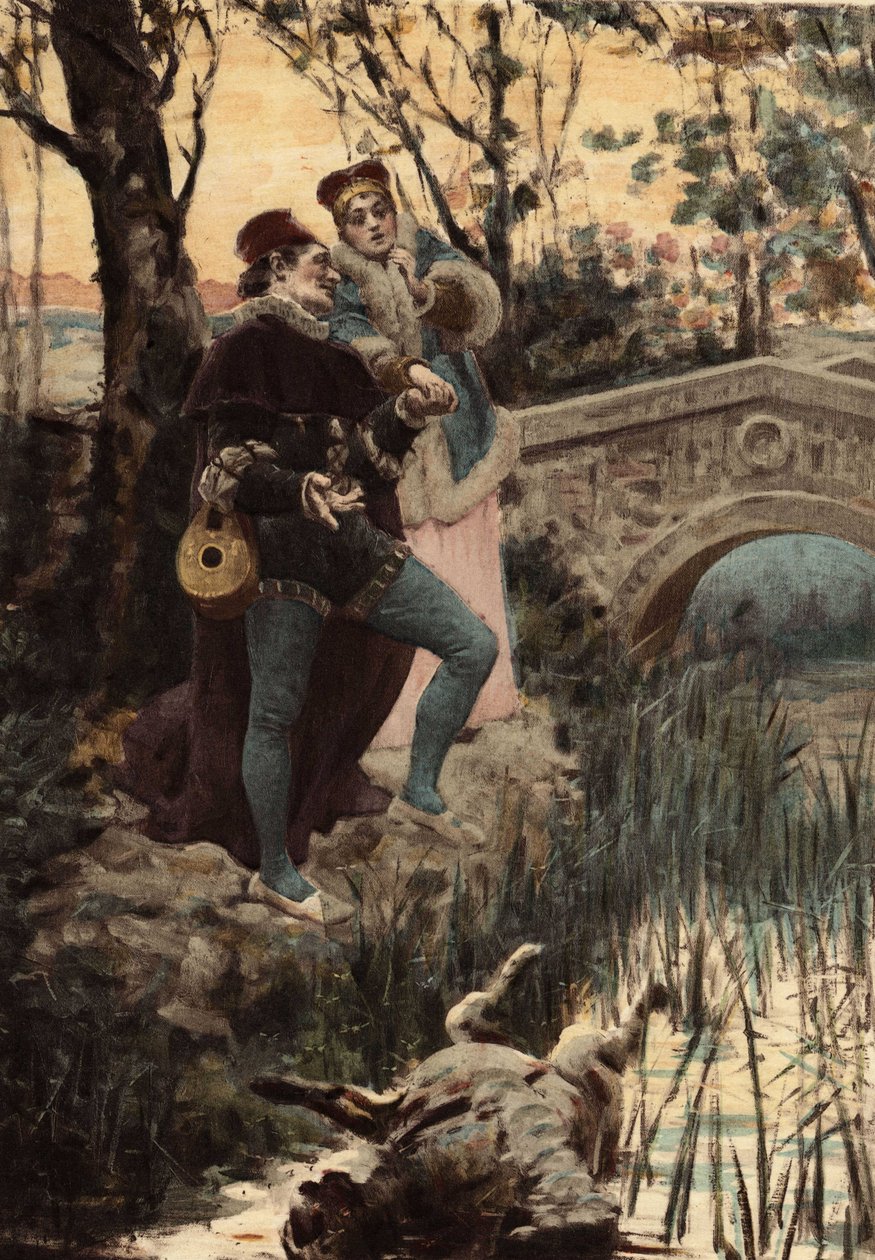 En mand og en kvinde ved et vandløb og en bro ser på liget af et dyr i vandet. Pantagruel. Illustration af Jules Garnier. I "Rabelais et l