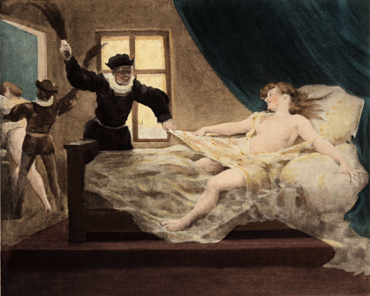 En mand pågriber en ung pige, der bliver pisket i sengen på uskyldsdagen. Pantagruel. Illustration af Jules Garnier. I "Rabelais et l