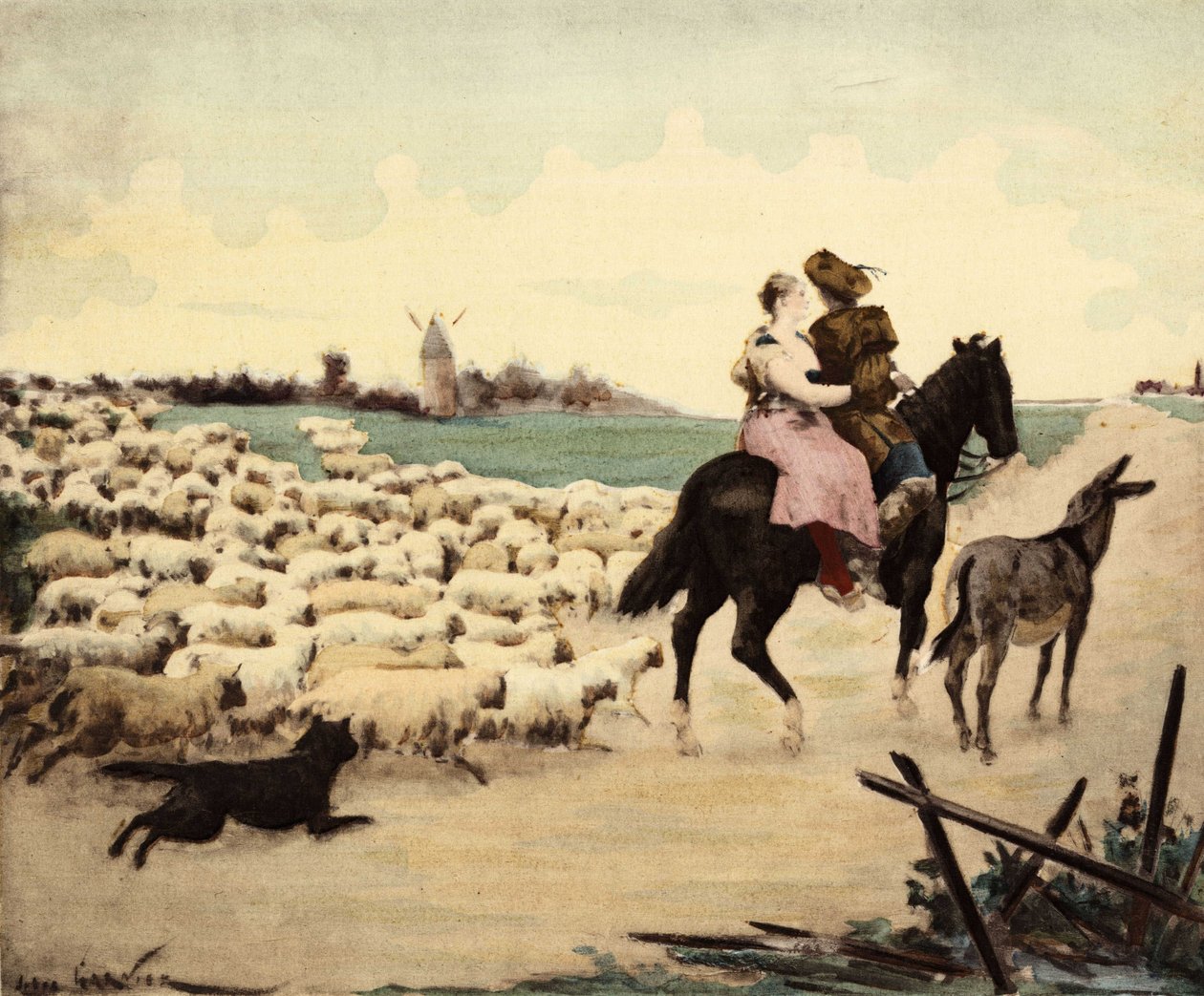 Et palæ og en hyrde på en hest. Et æsel har deres ret. Fårene og den næste hyrdehund. Pantagruel. Illustration af Jules Garnier. I "Rabelais et l