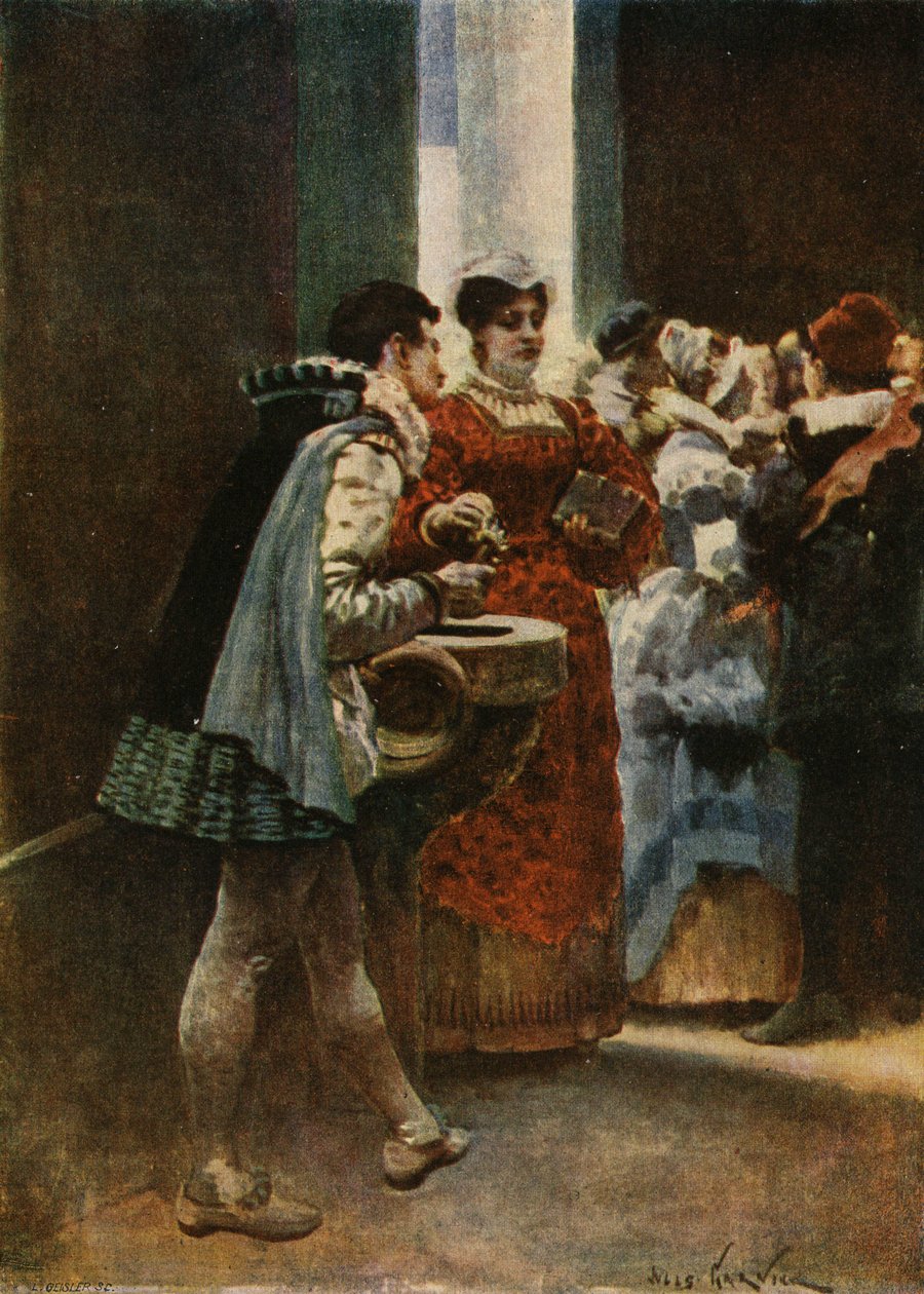Ved indgangen til en kirke giver Panurge vand til en kvinde. Pantagruel. Illustration af Jules Garnier. I "Rabelais et l