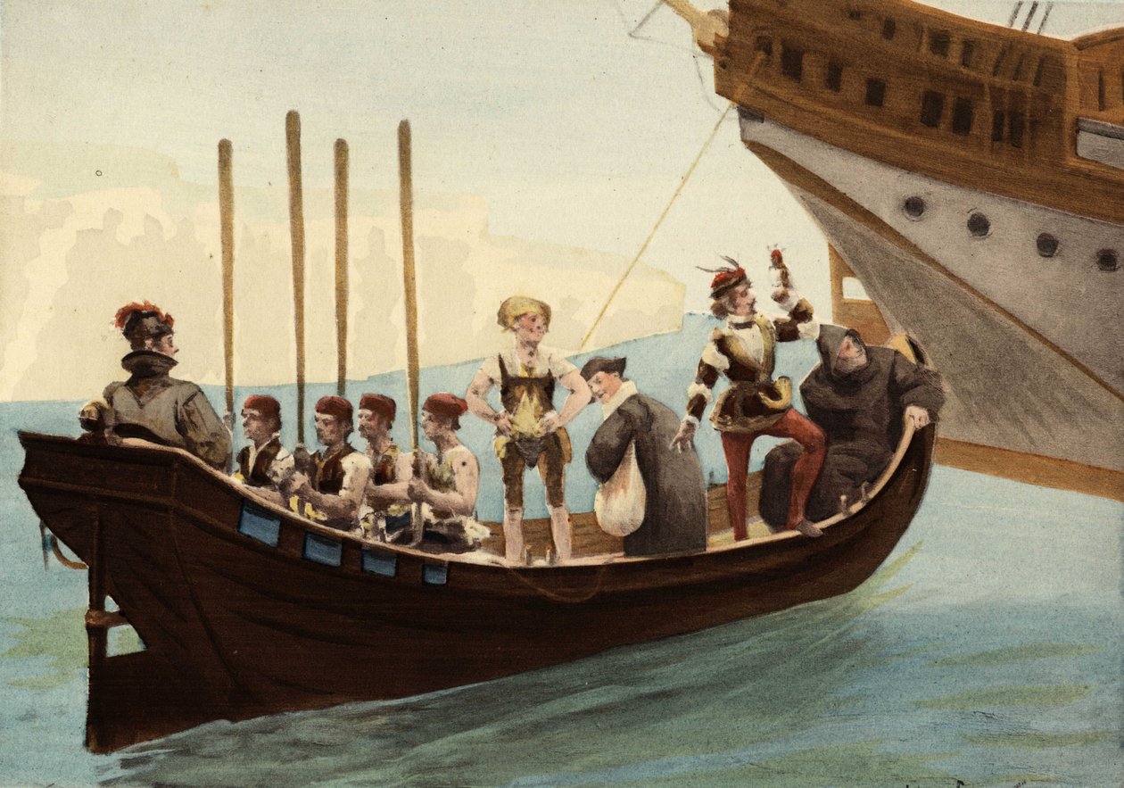 Båd i havnen på øen Papimania. Fra højre mod venstre: en munk, en falkoner, en advokat, en vinproducent fra Orleans. Pantagruel. Illustration af Jules Garnier. I 