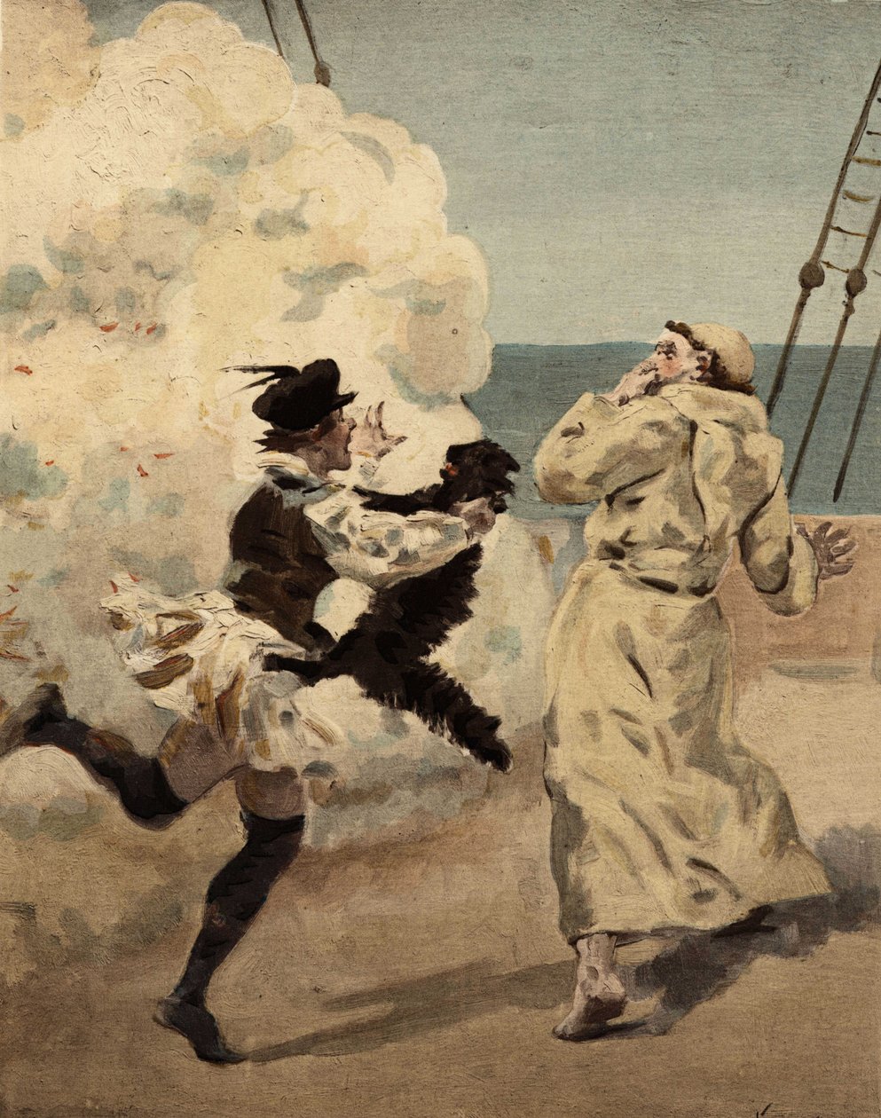 Broder Jean bliver skræmt af katten Rodilardus, som Panurge har. Pantagruel. Illustration af Jules Garnier. I "Rabelais et l