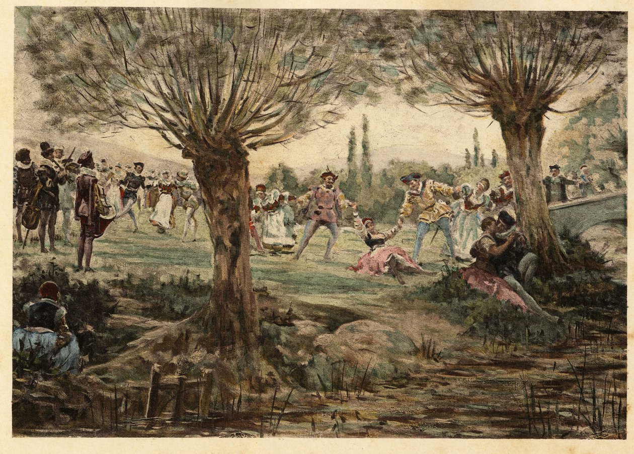 Dansere og musikere under Mardi Gras-festen. Gargantua. Illustration af Jules Garnier. I "Rabelais et l