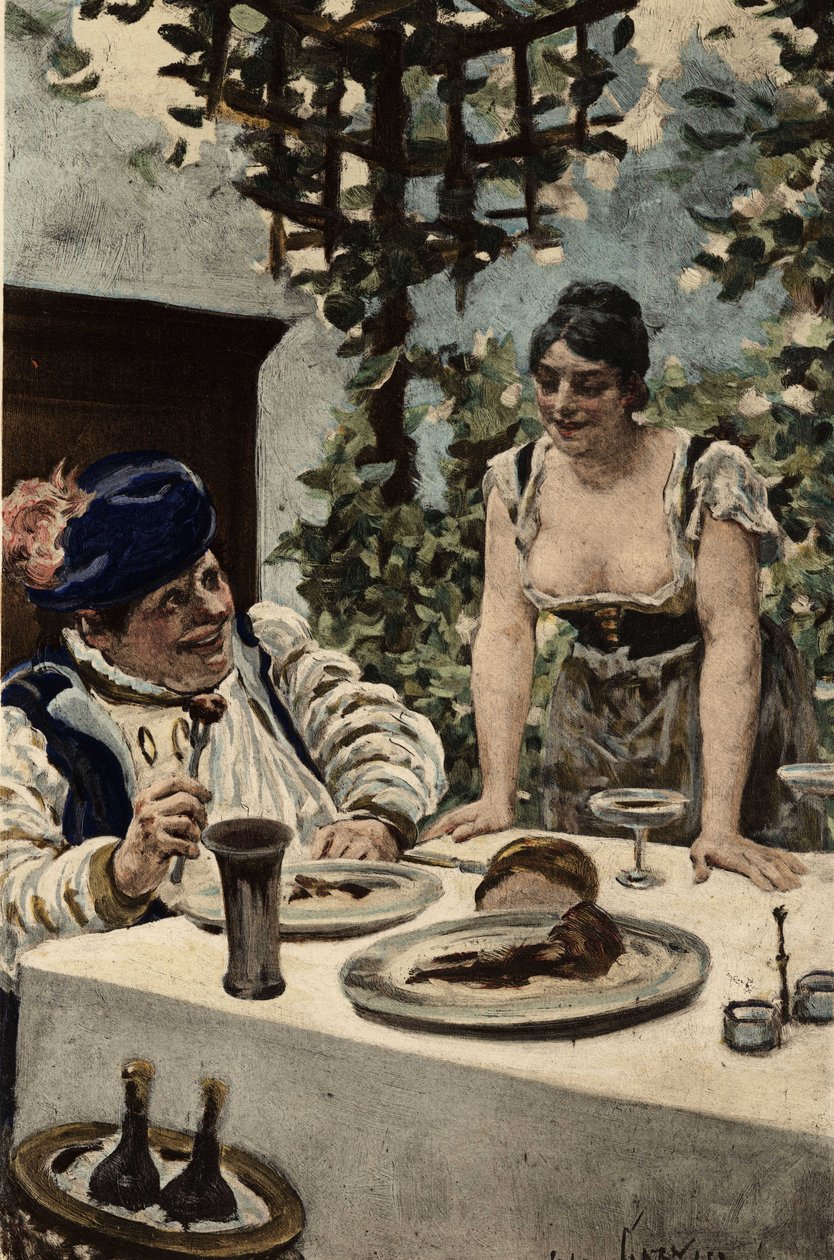 Gargantua spiser, mens en kvinde serverer mad for ham. Gargantua. Illustration af Jules Garnier. I "Rabelais et l