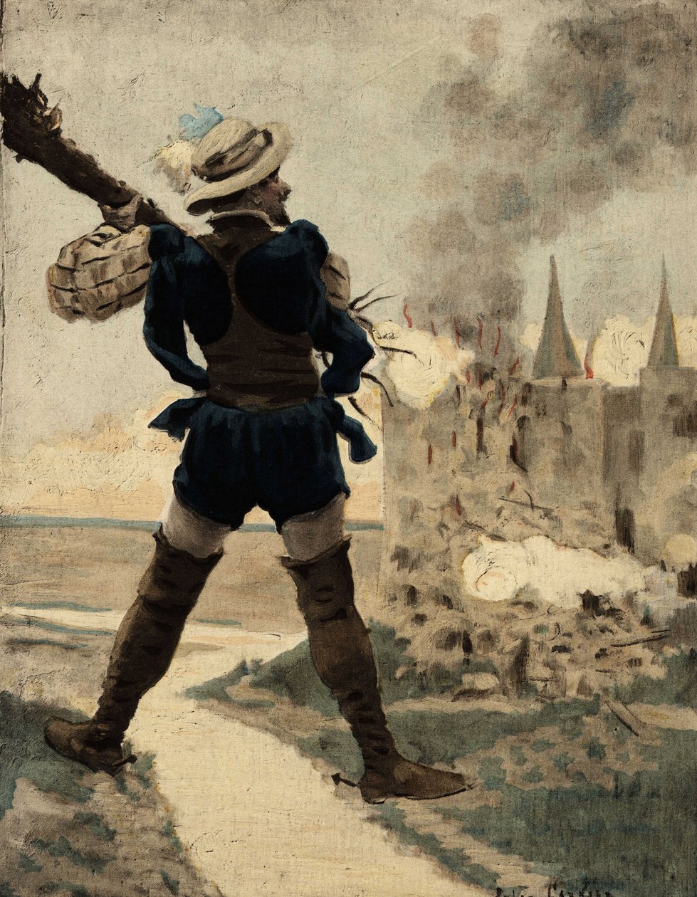 Gargantua ødelægger borgen Gue de Vede med et træ. Gargantua. Illustration af Jules Garnier. I "Rabelais et l