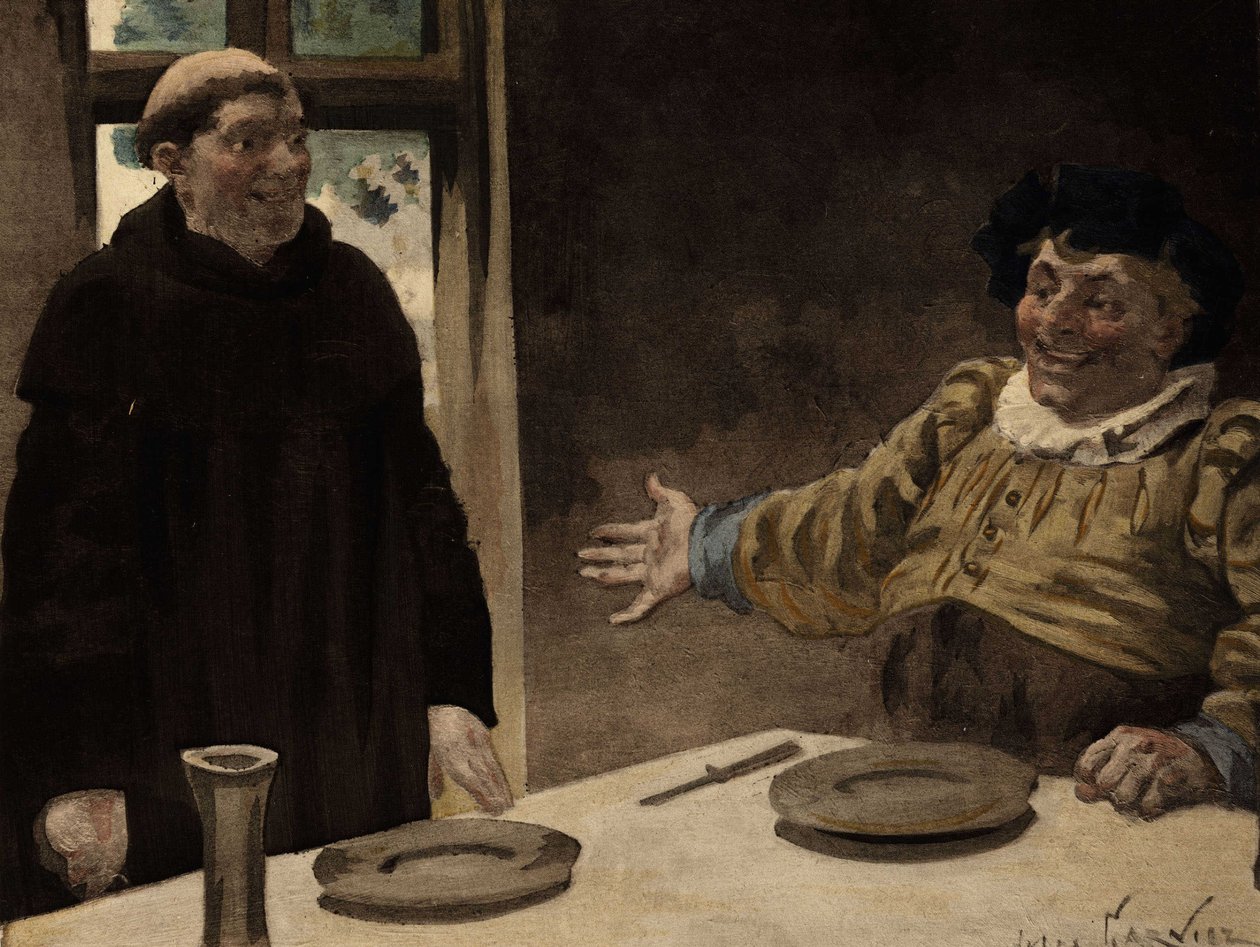 Gargantua inviterer Frere Jean, munk i Seuille-klosteret, til at dele sit måltid. Gargantua. Illustration af Jules Garnier. I "Rabelais et l