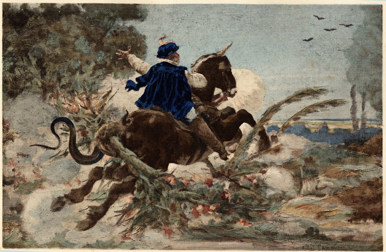 Gargantua på sin hoppe i færd med at ødelægge Beauce-skoven. Gargantua. Illustration af Jules Garnier. I "Rabelais et l