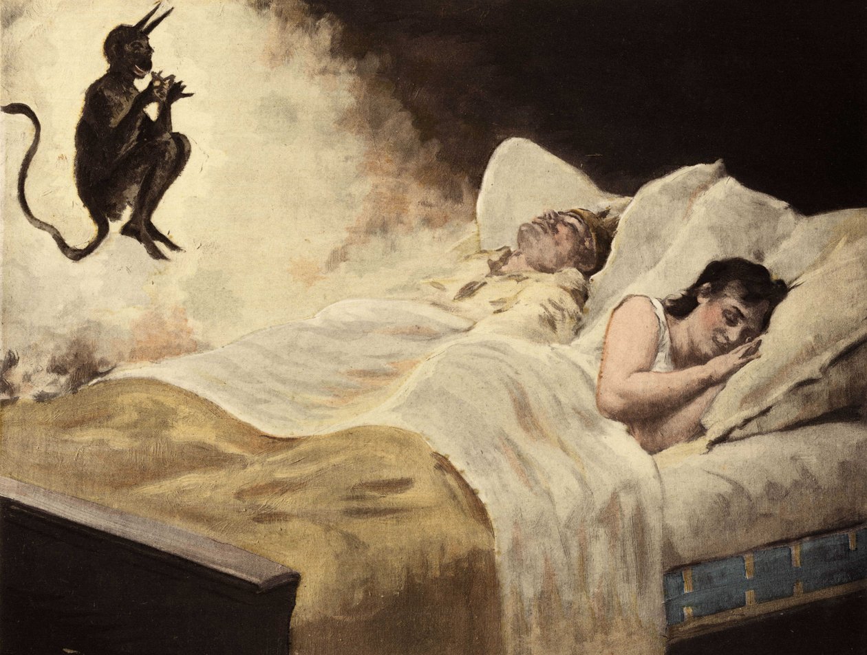Hans Caruel (Carufel), kongen af Melinde, og hans kone sover i deres seng. Satan giver manden en ring, så hans kone kan forblive trofast mod ham. Pantagruel. Illustration af Jules Garnier. Rabelais og Jules Garniers arbejde af Jules Arsene Garnier