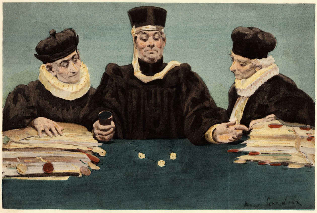 Justice Bridoye gør retfærdighed ved at lancere nogle. Pantagruel. Illustration af Jules Garnier. I "Rabelais et l