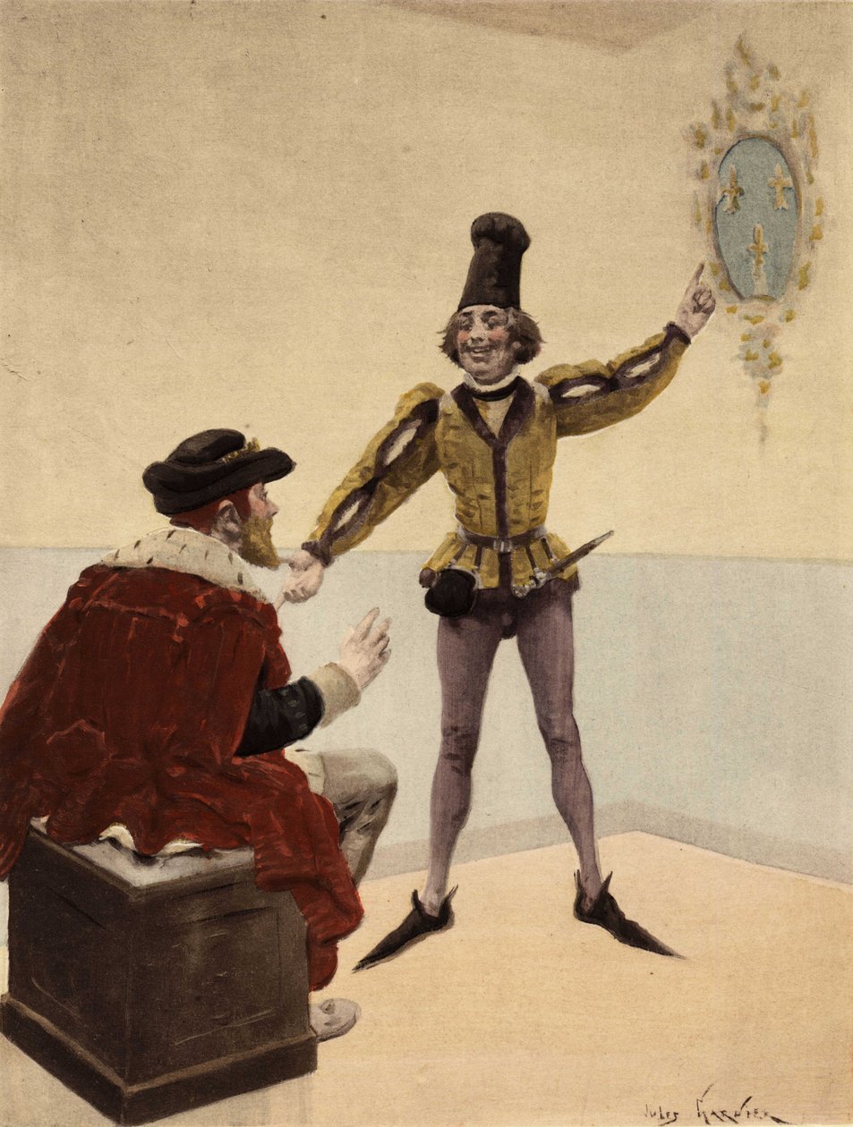 Englands konge Edouart (Edward) V sidder på sit toilet og kigger på Frankrigs våbenskjold, som hans læge viser ham. Pantagruel. Illustration af Jules Garnier. I "Rabelais et l