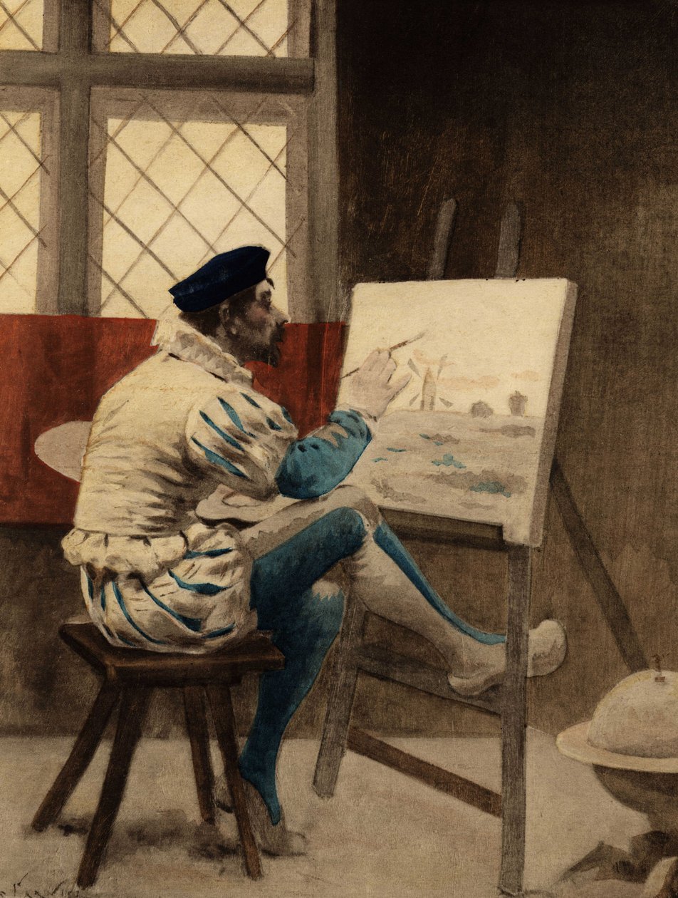 Mand sidder foran sit lærred. Gargantua. Illustration af Jules Garnier. I "Rabelais et l
