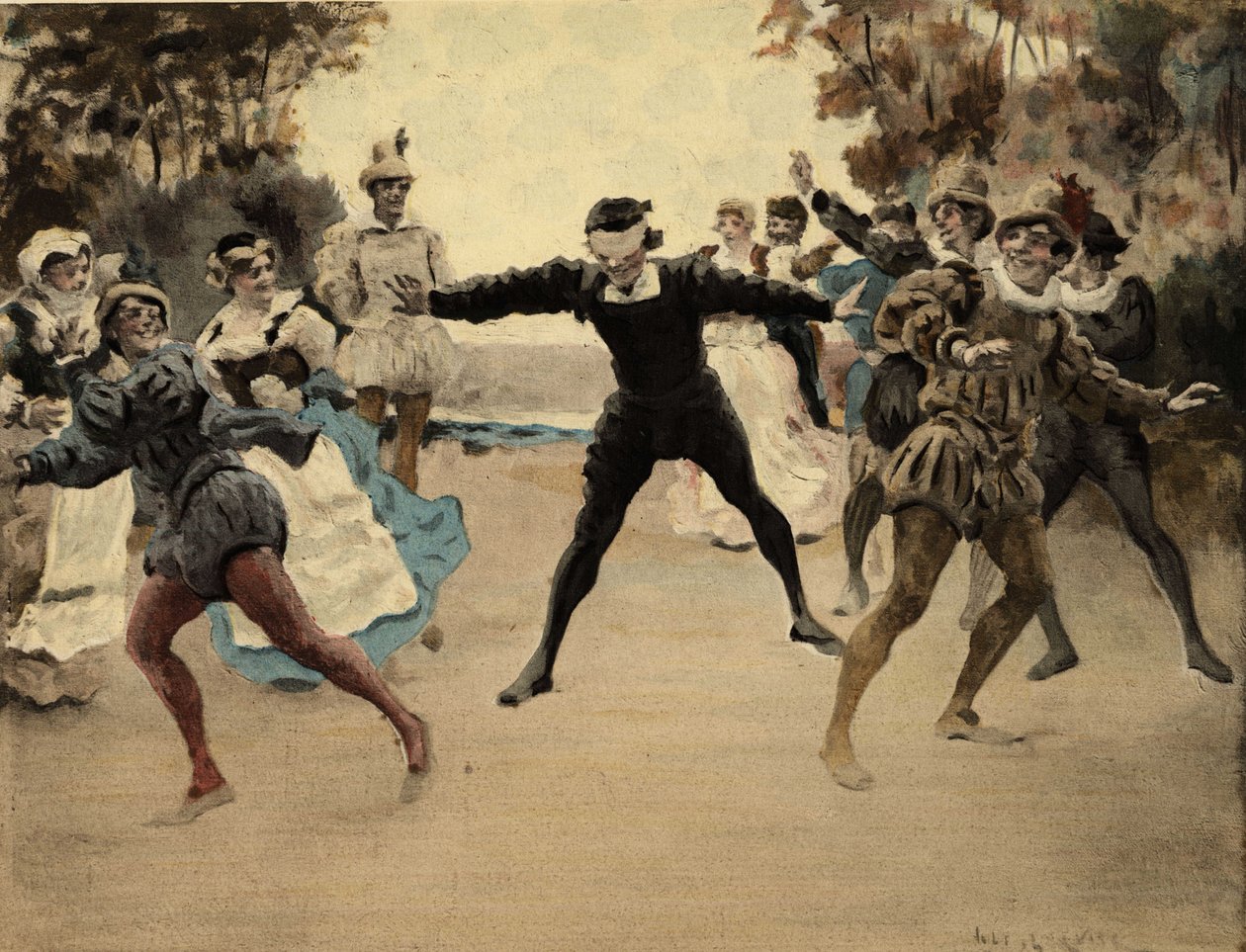Mænd og kvinder spiller en Colin Maillard. Gargantua. Illustration af Jules Garnier. I "Rabelais et l