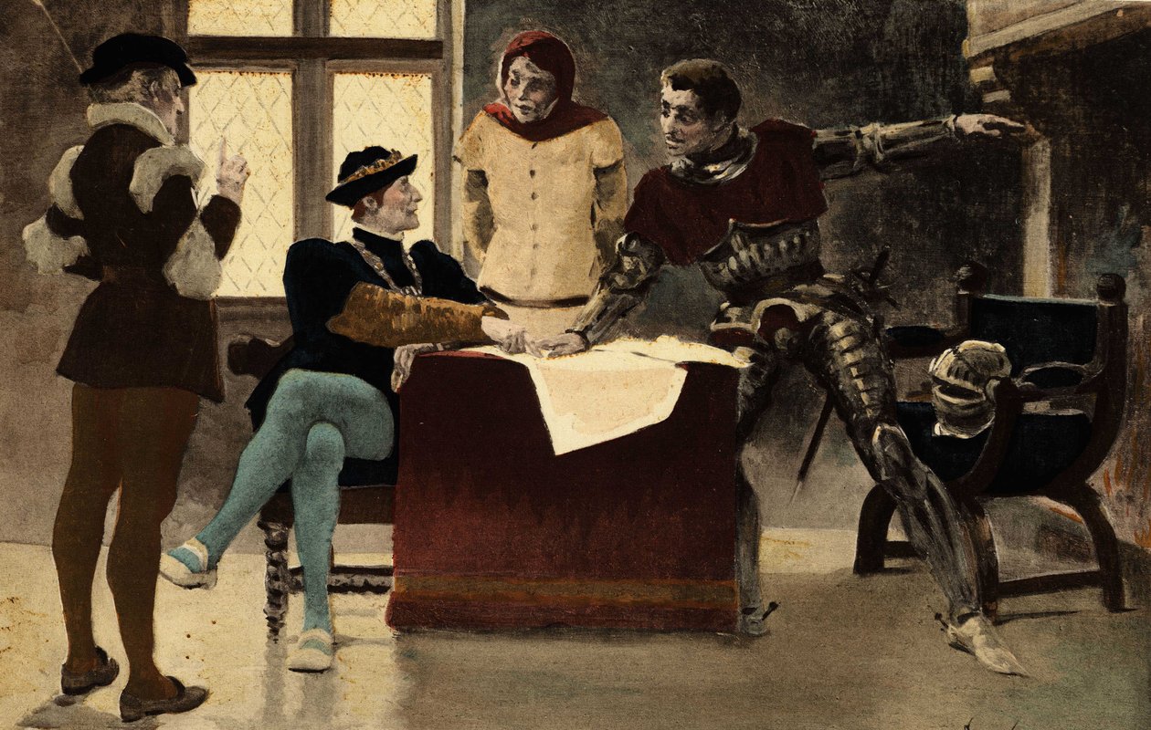 Gamle Echephron (2. til højre) rådgiver Picrochole, konge af Lerne (til højre). Gargantua. Illustration af Jules Garnier. I 