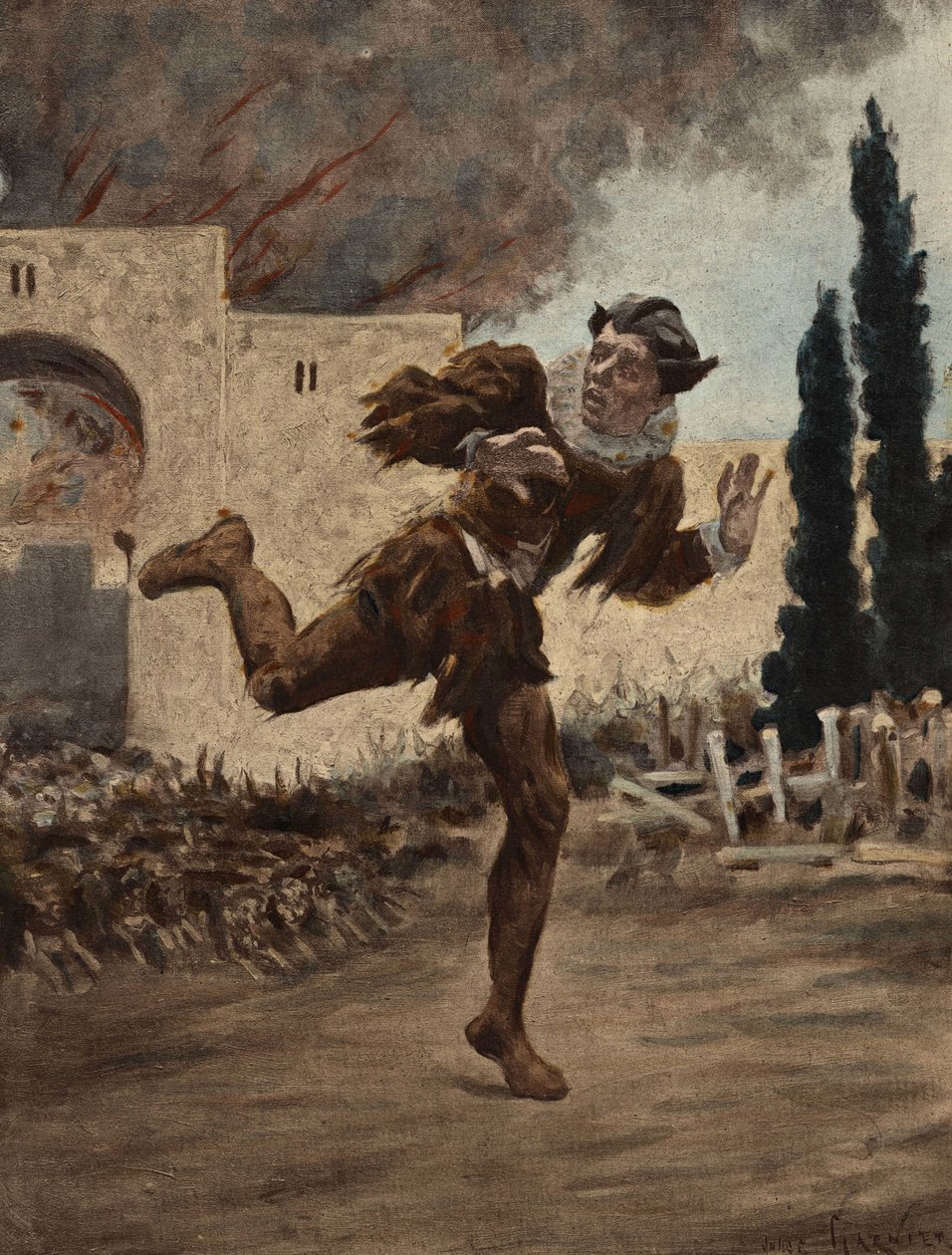 Panurge jages af en flok hunde, der flygter fra den brændende by Mytilene (Tyrkiet). Pantagruel. Illustration af Jules Garnier. I "Rabelais et l