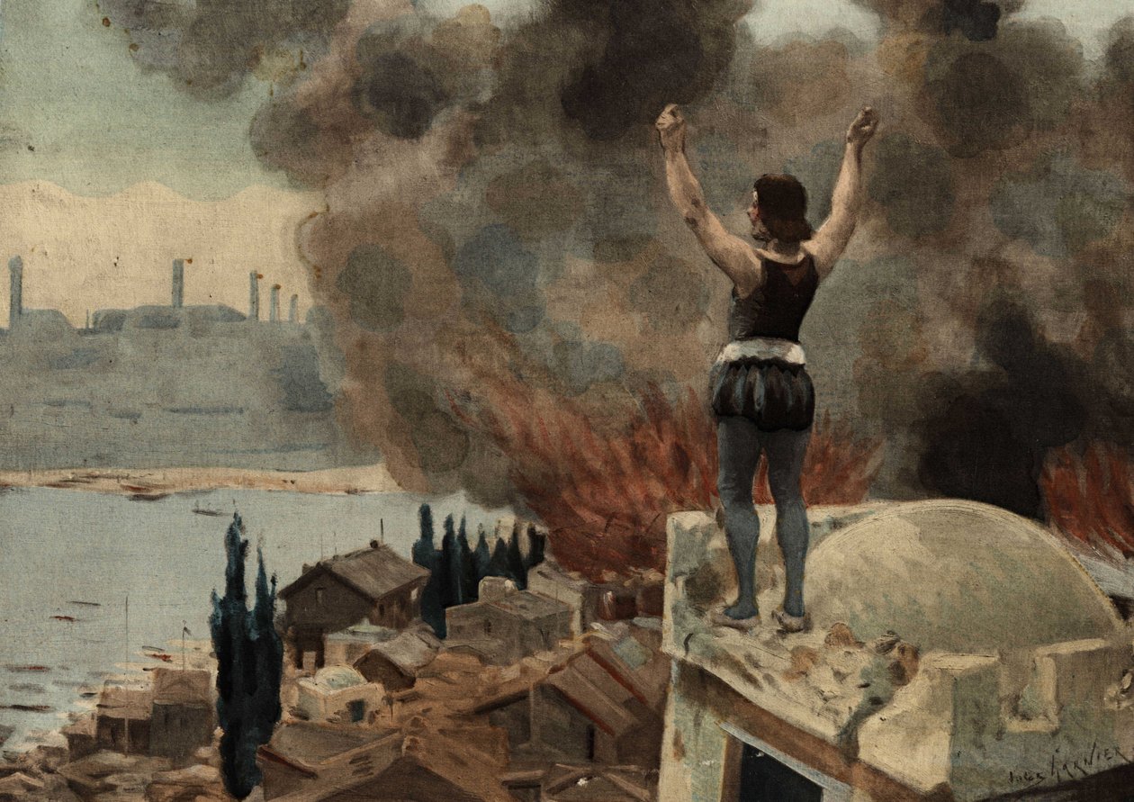 Panurge ser på Mytilene (Tyrkiet) i brand. Pantagruel. Illustration af Jules Garnier. I "Rabelais et l