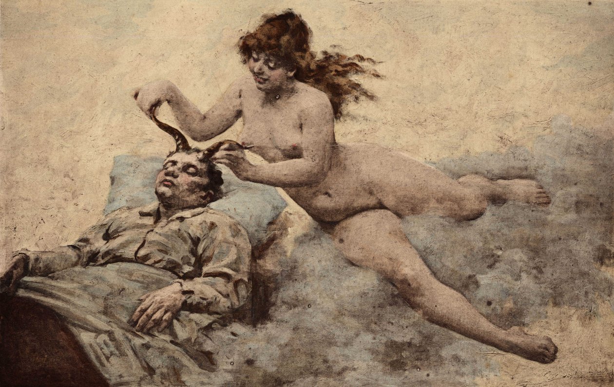 Panurges drøm: En kvinde kommer for at plante to horn på hans hoved. Pantagruel. Illustration af Jules Garnier. I "Rabelais et l