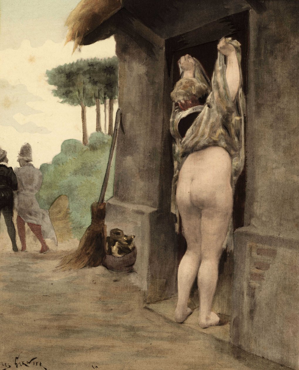 Panzousts sibylle ruller sin kjole og blotter sin bagdel, mens Panurge og Epistemon bevæger sig væk. Pantagruel. Lustrationen af Jules Garnier. I "Rabelais et l