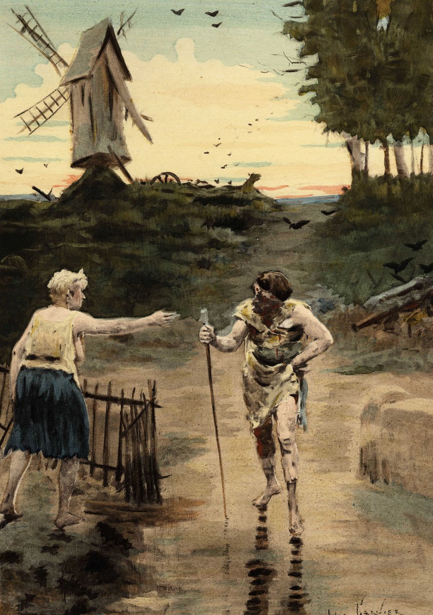 Picrochole, konge af Lerne, flygter og såres, mens han taler til en gammel sværvægter. Gargantua. Illustration af Jules Garnier. I "Rabelais et l
