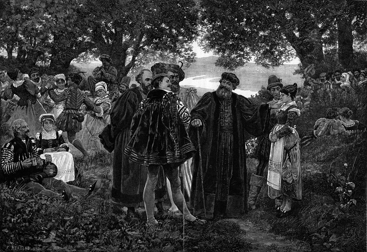 Rabelais, Meudons kur. Forfatteren Francois Rabelais (1483-1553) herre over en fest i Meudons skov. Han var sogn i Meudon fra 1551 til 1553. Indgravering efter maleriet af Jules Garnier (1800-tallet) i "" The Illustrous World"" nr. 1210 af 5. juni af Jules Arsene Garnier