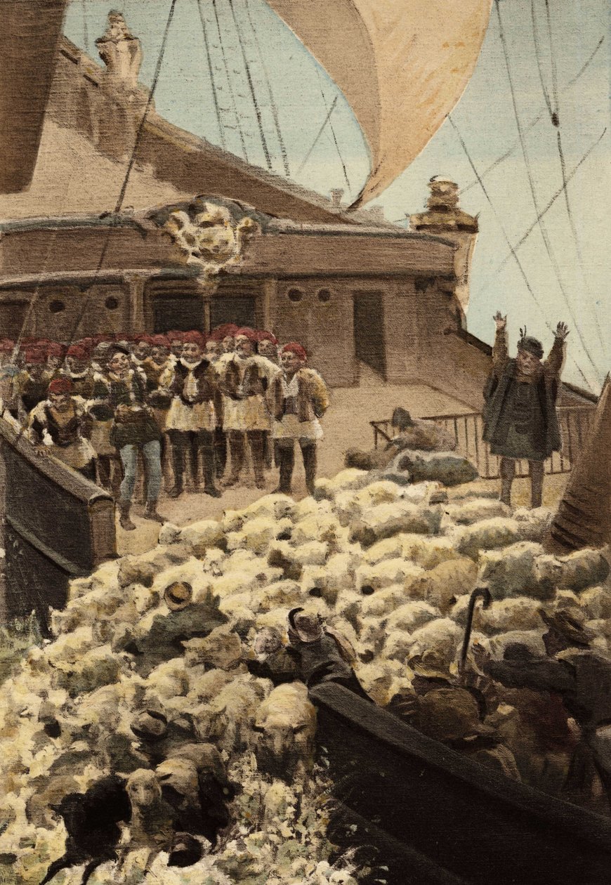 Panurges får: På Dindenauts (Dindenault) båd kaster får og købmænd sig i havet. Pantagruel. Illustration af Jules Garnier. Rabelais og Jules Garniers arbejde af Jules Arsene Garnier