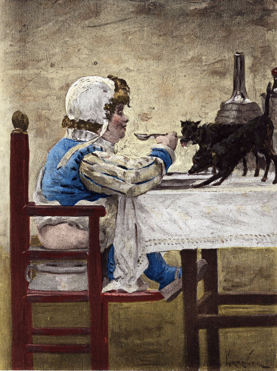 Grandbuckthorns, Gargantuas fars, hunde spiser på Gargantuas tallerken. Gargantua. Illustration af Jules Garnier. I "Rabelais et l