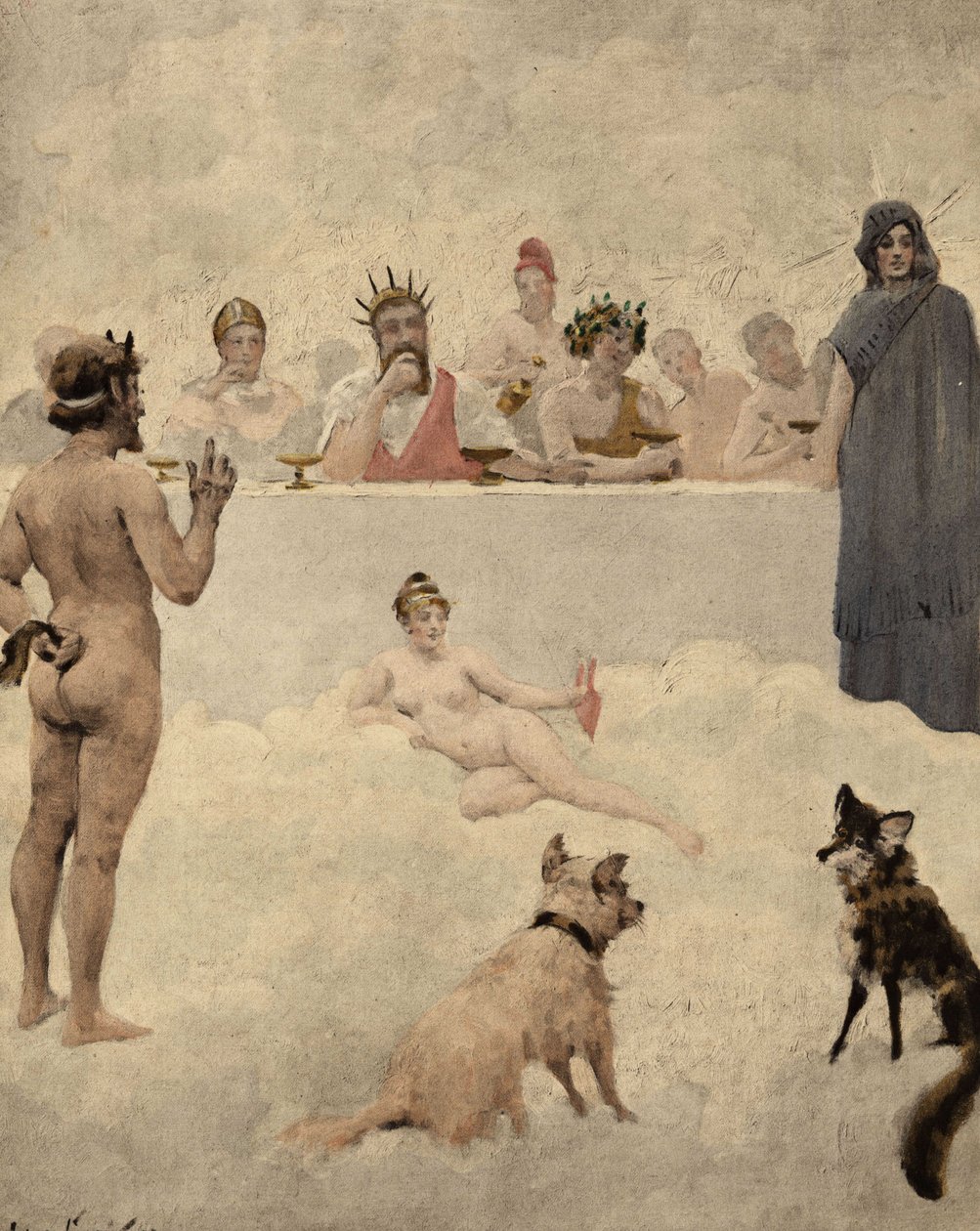 Havenes gud Priapus tilbage foran gudernes råd. I midten Iupiter (Jupiter, Zeus). Til venstre for ham står Bacchus (Dionysos, Bacco). Dernede en hund og en ræv. Pantagruel. Illustration af Jules Garnier. I "Rabelais et l