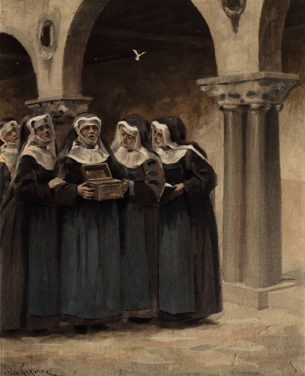 Nonnerne fra Coingnaufond-klosteret åbner skrinet, som pave Ian (John) XXII har doneret. Pantagruel. Illustration af Jules Garnier. I "Rabelais et l