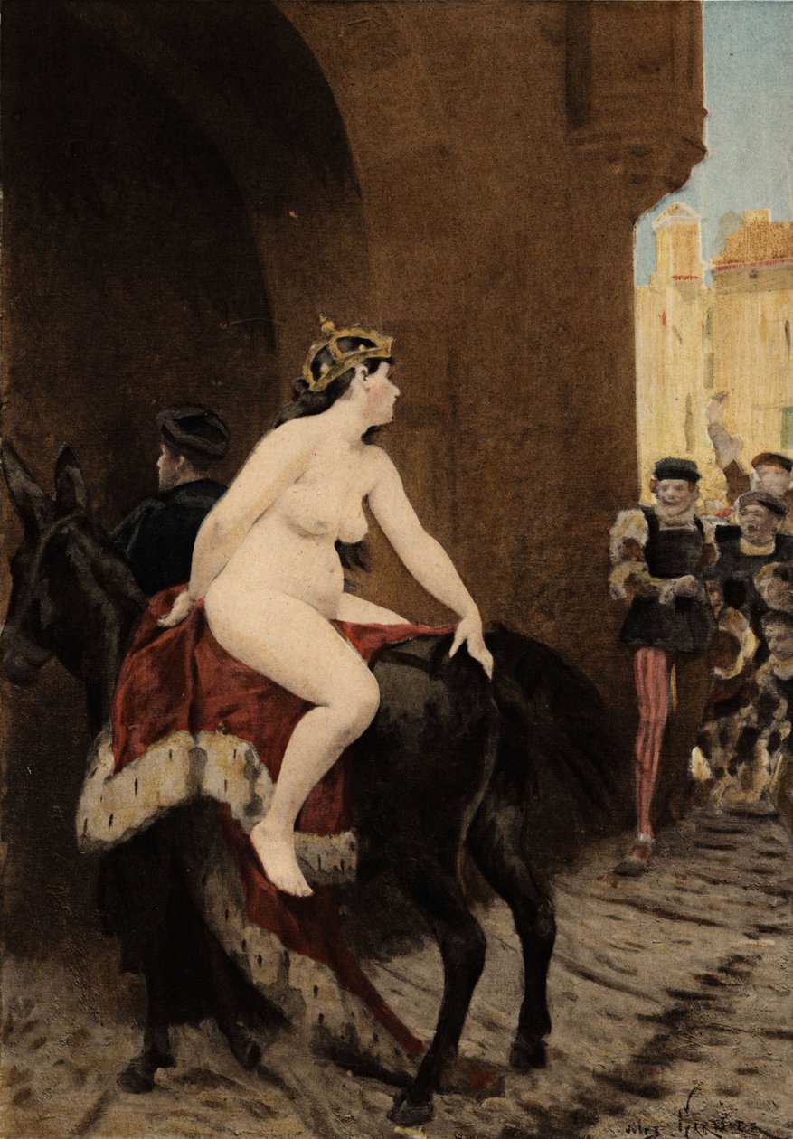 Hustruen til kejseren af Milano, Federic (Frederic) Barberossa, der blev jaget ud af byen af milaneserne. Hun rider på muldyret Thacor. Pantagruel. Illustration af Jules Garnier. I "Rabelais et l