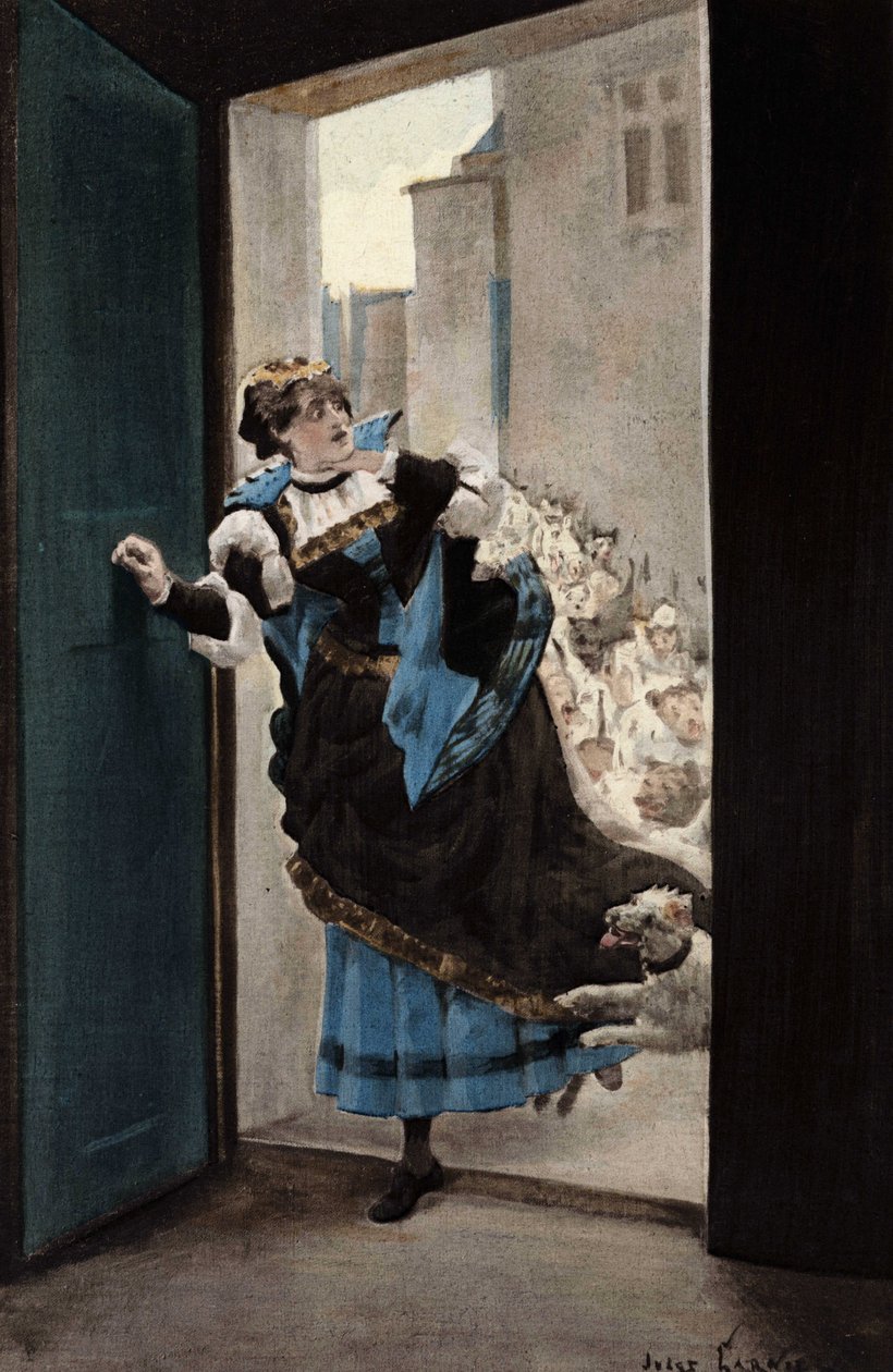 Kvinden, som Panurge er forelsket i, går hjem, jaget af hunde. Pantagruel. Illustration af Jules Garnier. I "Rabelais et l