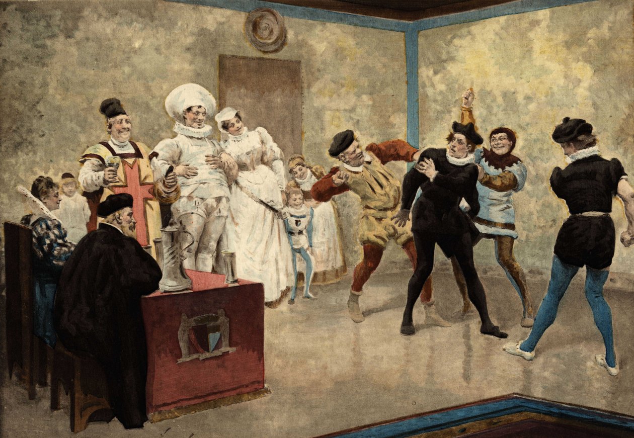To mænd slår på en chiquanous. På scenen: bageren Loyre og hans kone i bryllupstøj (i midten), herren af Basche og kureren Oudart. Pantagruel. Illustration af Jules Garnier. I "Rabelais et l